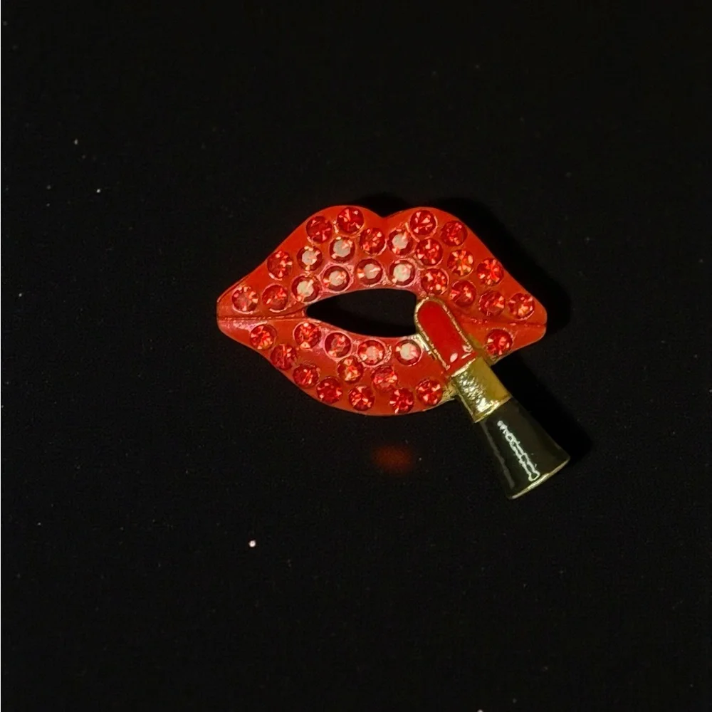 Red Rhinestone Lips Brooch w/ Lipstick - Picture 1 of 2
